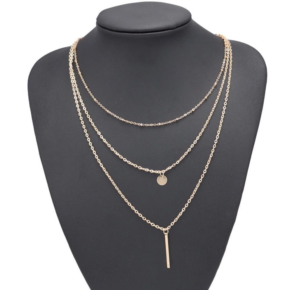 Gold Layered Necklace 3 Tier Chain Pendant Minimalist Dainty Jewelry - Picture 4 of 5